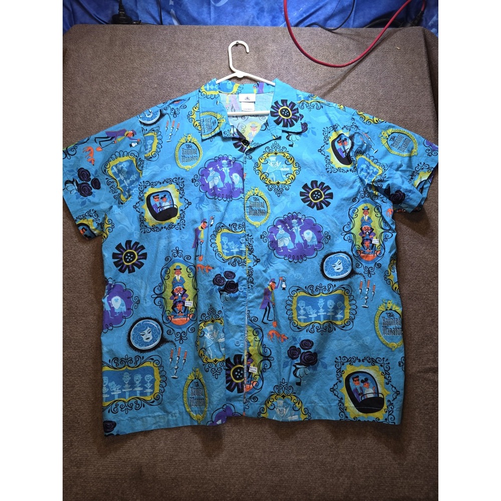 Disney Parks Haunted Mansion Button Down Shirt Blue Hitchhiking Ghosts XXXL 3XL
